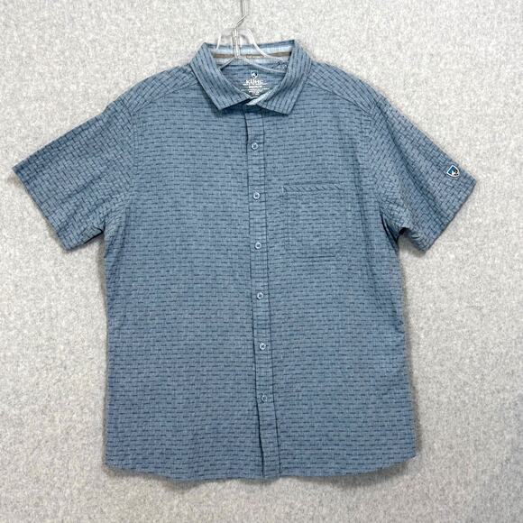 Kuhl Provok Shirt Size M Short Sleeve Light Blue Dashes Hiking Button Up Casual - Picture 1 of 16